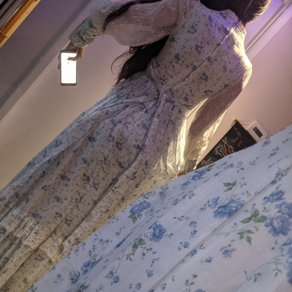 Gunne Sax White Sheer Pillow Sleeve Corset Lace Up Blue Floral Prairie Dress - Picture 2 of 16